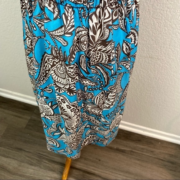 Trina Turk 100% Silk  Blue & Brown Print Dress Elastic Smocked Waist Size 8 - Picture 8 of 11